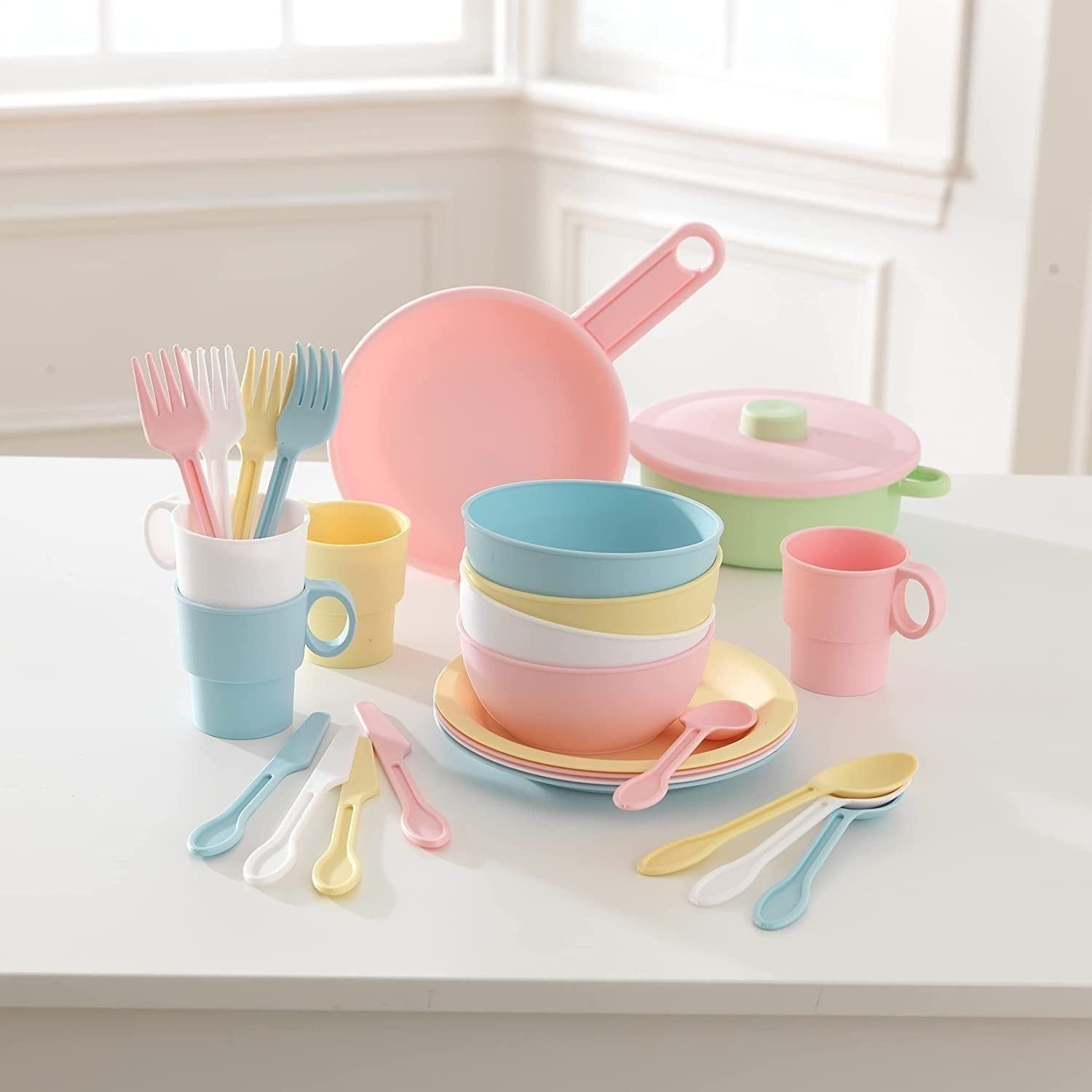 27-Piece Pastel Cookware Set, Plastic Dishes and Utensils for Play Kitchens, Gift for Ages 18 Mo+