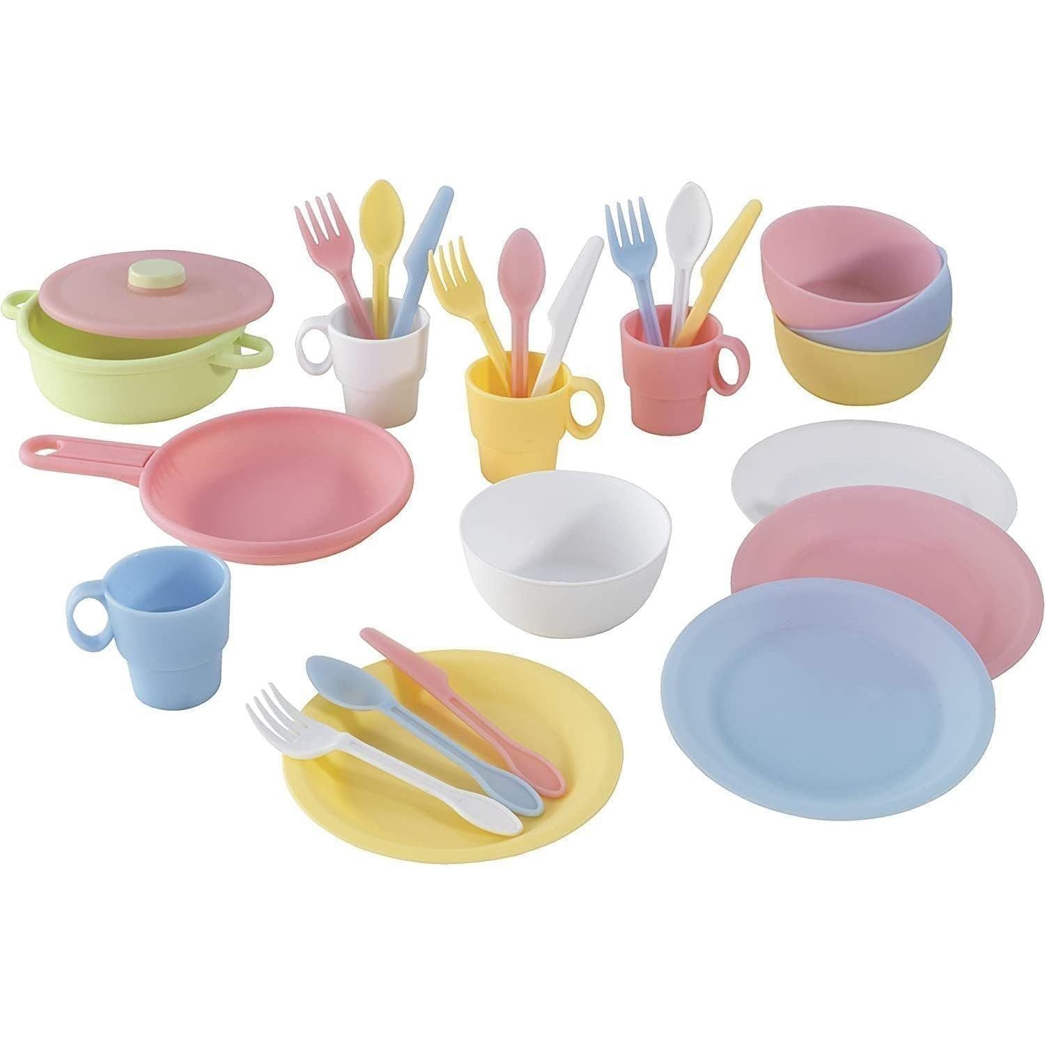 27-Piece Pastel Cookware Set, Plastic Dishes and Utensils for Play Kitchens, Gift for Ages 18 Mo+