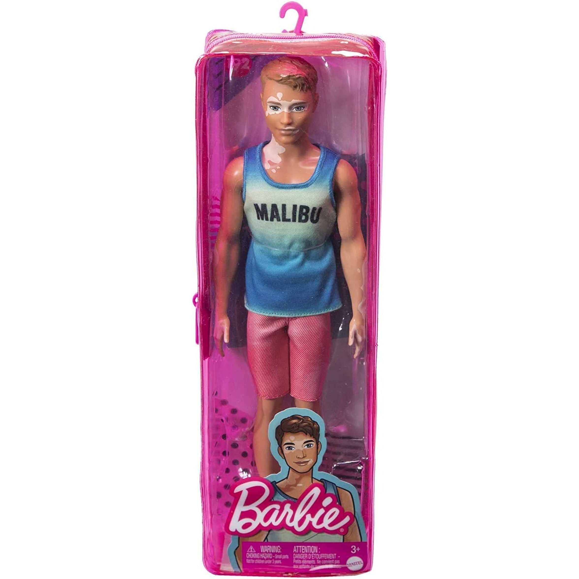 Fashionistas Ken Fashion Doll #192 with Brunette Cropped Hair & Vitiligo in Malibu Tank, Shorts & Sandals