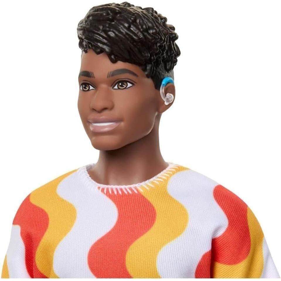 Fashionistas Ken Doll #220 with Behind-The-Ear Hearing Aids & Broad Body Wearing a Removable Orange Patterned Shirt, Shorts & Jelly Sandals