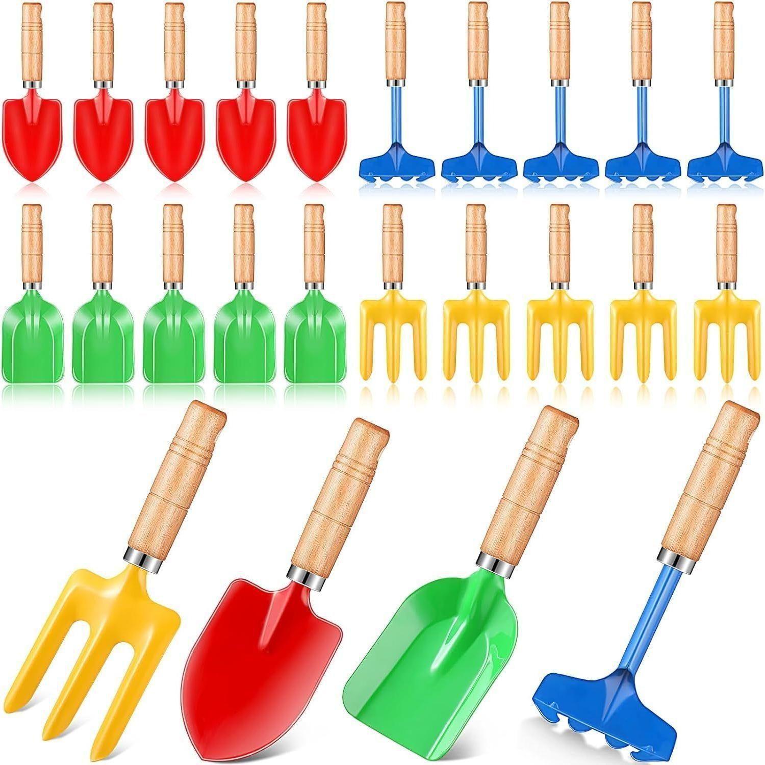 24 Pcs Kids Gardening Tools Metal Garden Tools Including Shovel, Rake, Fork and Trowel, Garden Beach Sand Tools with Wooden Handle Hoe for Children Gift Outdoor Beach Gardening