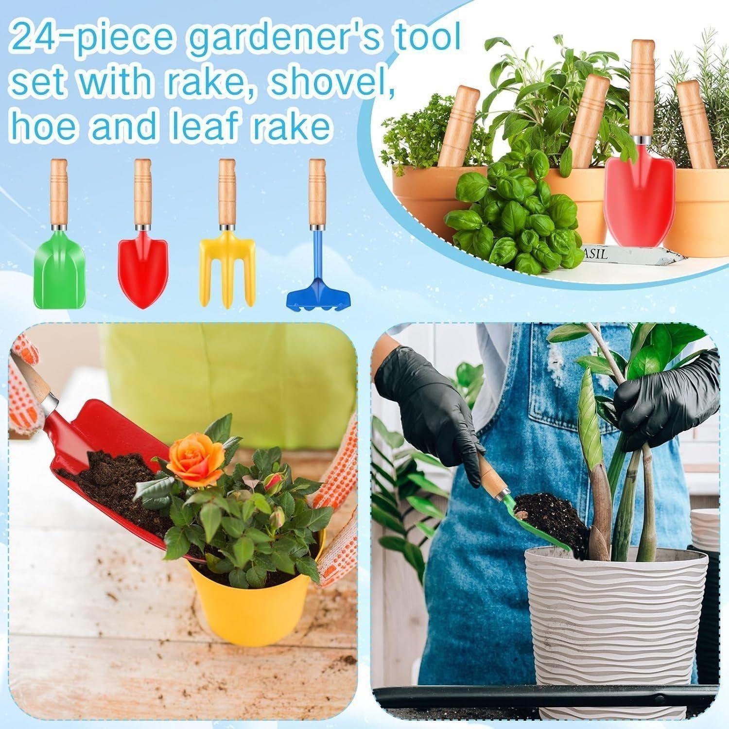 24 Pcs Kids Gardening Tools Metal Garden Tools Including Shovel, Rake, Fork and Trowel, Garden Beach Sand Tools with Wooden Handle Hoe for Children Gift Outdoor Beach Gardening