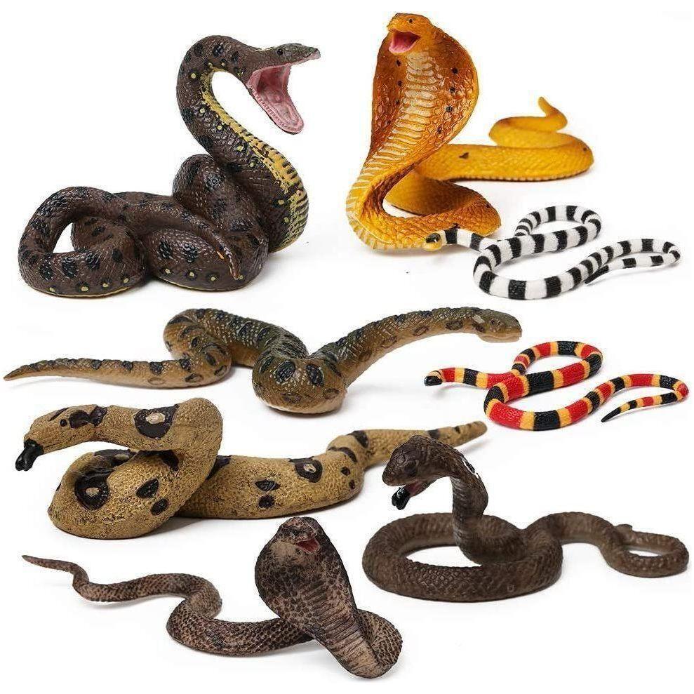 8Pcs Fake Snakes Toy Figurines Realistic Fake Snake Prank Rubber Snake Props Scary Snake Toy Scare Birds, Cobra Snake, Boa Constrictor, Coral Snake, Rattlesnake Wild Life Figures
