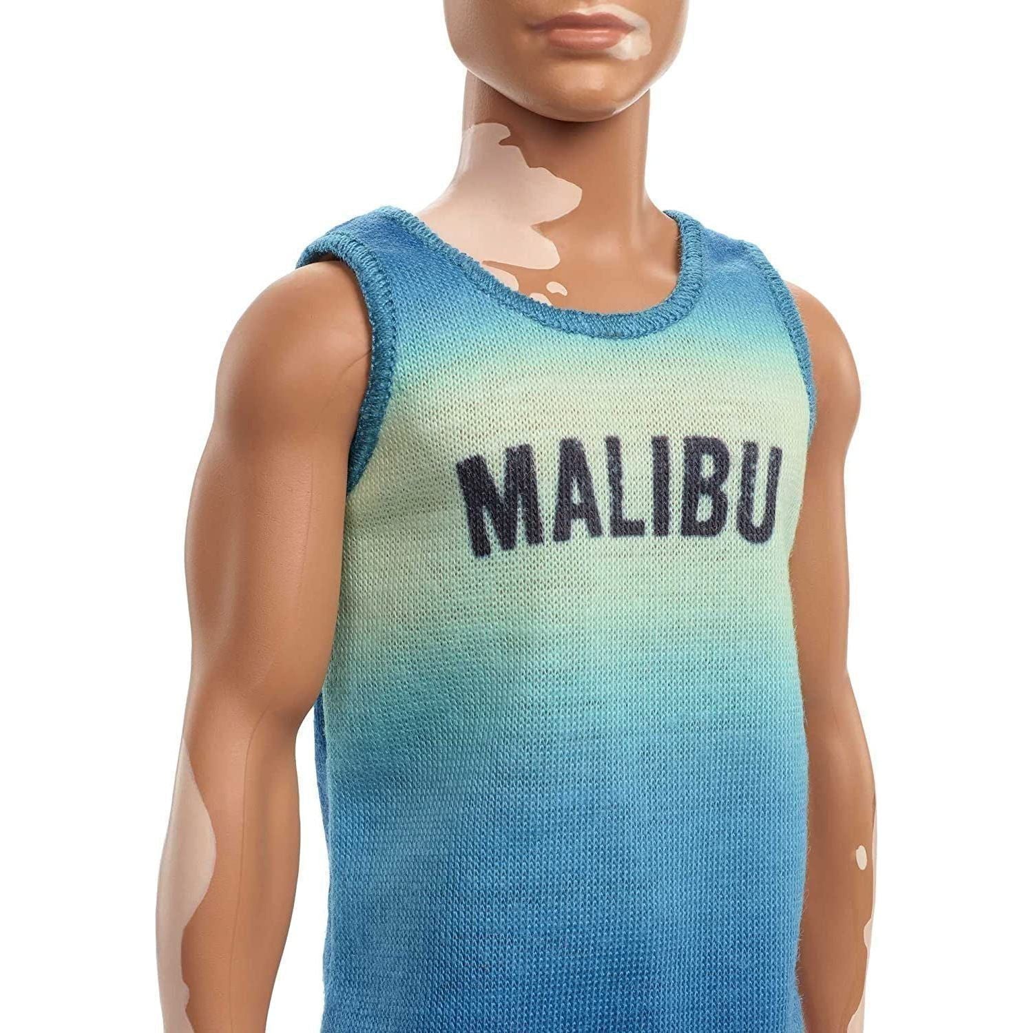 Fashionistas Ken Fashion Doll #192 with Brunette Cropped Hair & Vitiligo in Malibu Tank, Shorts & Sandals